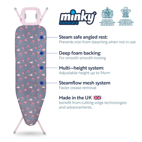 Minky Ironing Board - Flamingo, Ironing Board Cover Included,122 x 38 cm